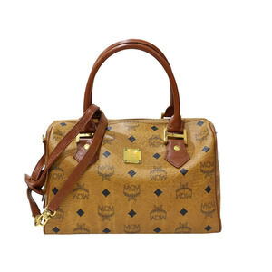MCM Boston Handbag Leather Camel Tan Brown